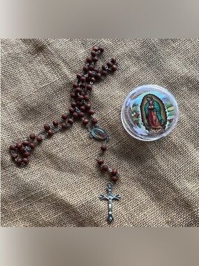 Virgin mary rosary wooden catholic necklace New with box New wood NIB